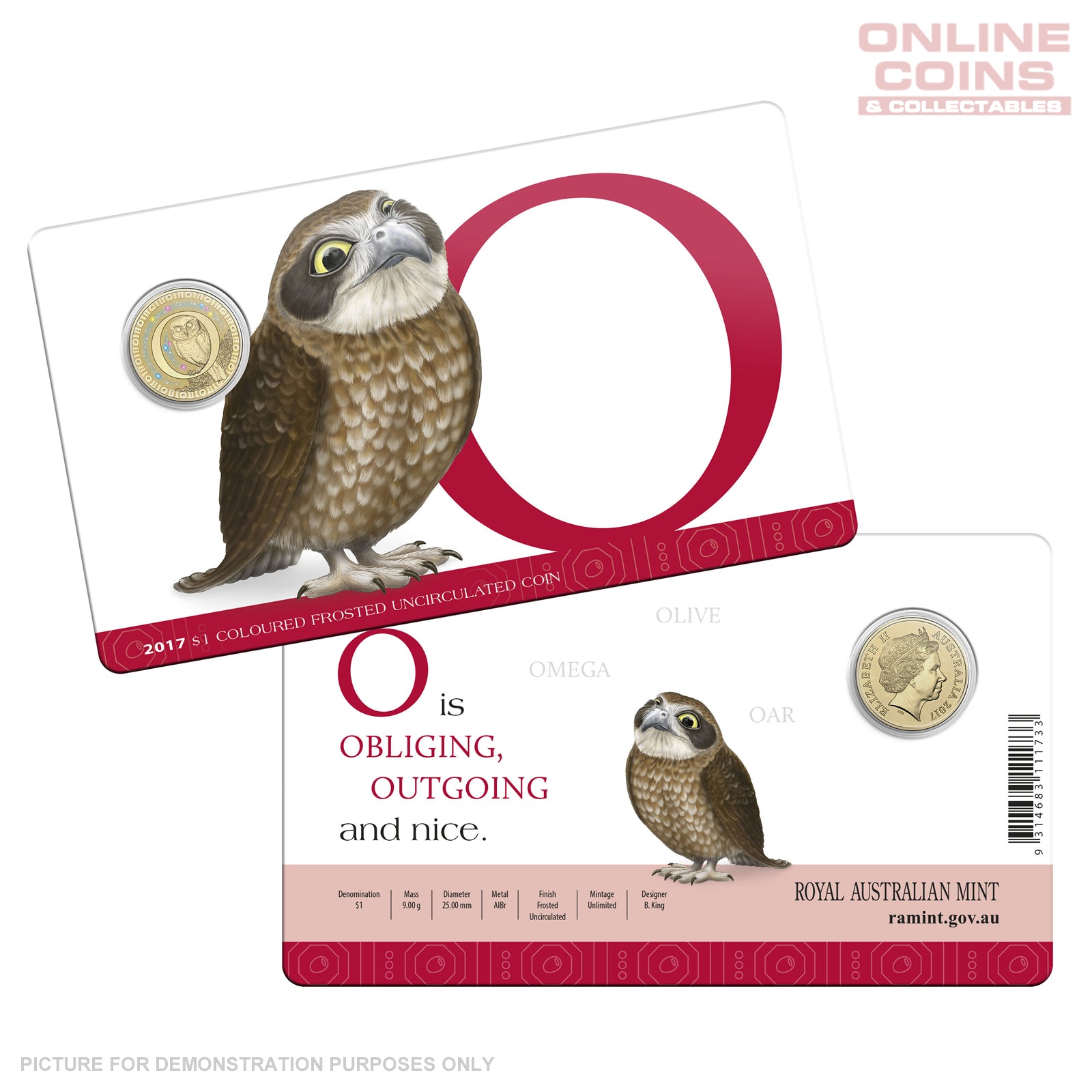 2017 $1 Coloured Alphabet Frosted Coin In Card - O For Owl